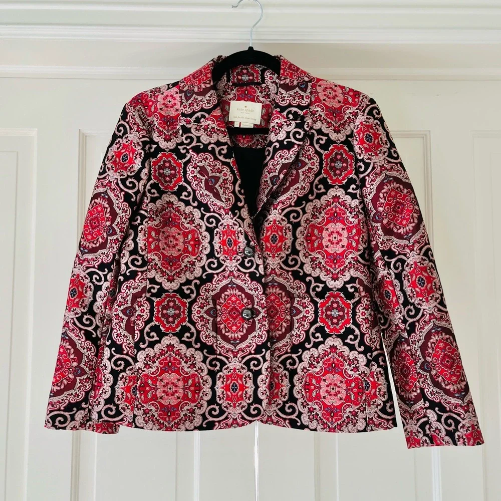 Kate Spade red black brocade jacket 2